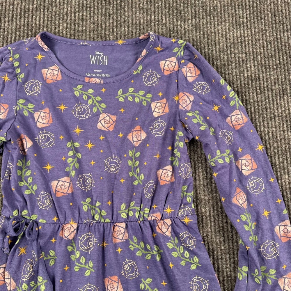 Disney Wish Girls Purple Floral Star Ruffle Faux Wrap Dress Large Long Sleeve - Picture 3 of 7